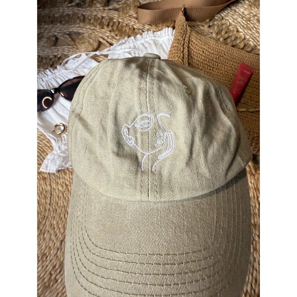 Khaki‎ Tan Embroidered Line Art Face Baseball Cap Dad Hat Minimalist Aesthetic